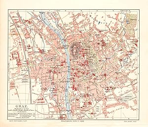 Alte historische Stadtkarte Graz Stadtplan Lithographie 1904