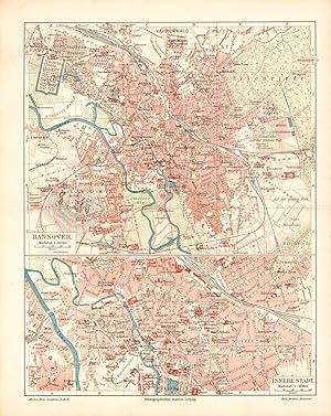 Alte historische Stadtkarte Hannover Stadtplan Lithographie 1904