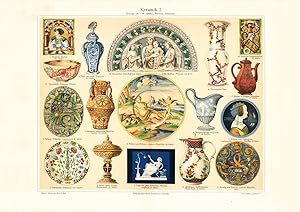 Historischer Druck Keramik I. Europa Persien Ostasien Chromolithographie 1905