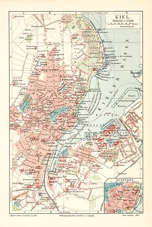 Alte historische Stadtkarte Kiel Stadtplan Lithographie 1905