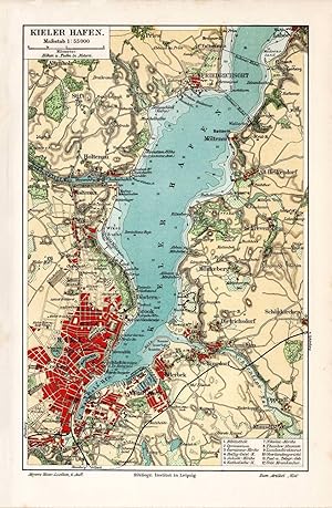 Alte historische Stadtkarte Kieler Hafen Stadtplan Lithographie 1905