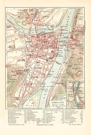 Alte historische Stadtkarte Koblenz Stadtplan Lithographie 1905