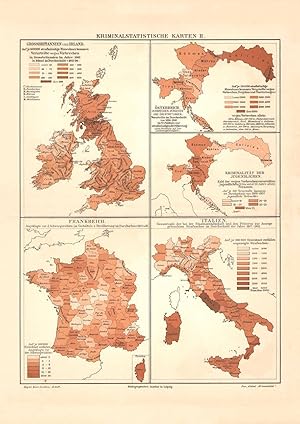 Alte Landkarte Kriminalstatistik Deutsches Reich II. Karte Lithographie 1905