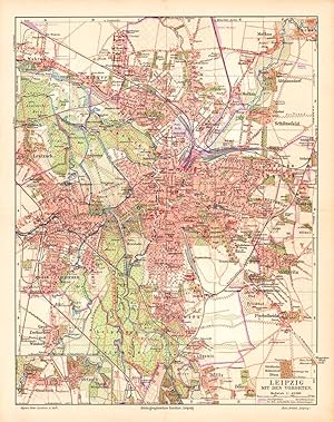 Alte historische Stadtkarte Leipzig und Vororte Stadtplan Lithographie 1905