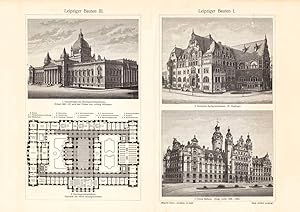 Alter historischer Druck Leipziger Bauten I. - III. Holzstich 1905