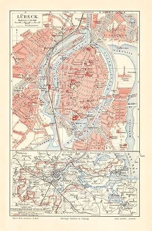 Alte historische Stadtkarte Lübeck Stadtplan Lithographie 1905