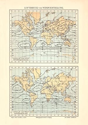 Alte historische Landkarte Luftdruck und Windverteilung Karte Lithographie 1905
