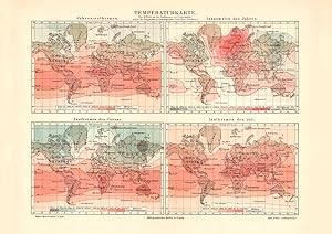 Alte Landkarte Welt Temperatur Isothermen Isanomalen Karte Lithographie 1905