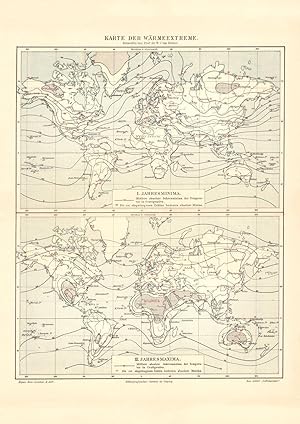 Alte historische Landkarte Wärmeextreme Karte Lithographie 1905