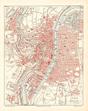 Alte historische Stadtkarte Lyon Stadtplan Lithographie 1905