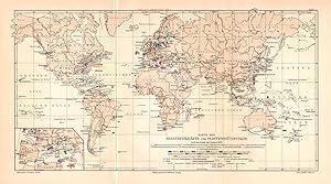 Alte historische Landkarte Weltkarte Seestreitkräfte & Stützpunkte Litho 1908
