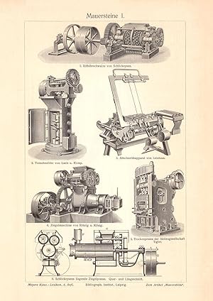 Alter historischer Druck Mauersteine I. - II. Holzstich 1906