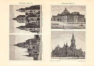 Alter historischer Druck Münchener Bauten I. - III. Holzstich 1906