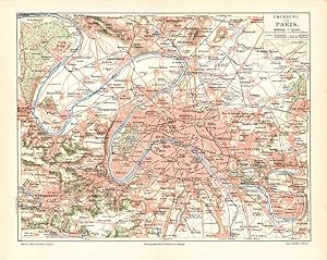 Alte historische Stadtkarte Paris Umgebung Stadtplan Lithographie 1906