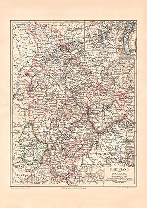 Alte historische Landkarte Rheinland und Luxemburg Karte Lithographie 1907