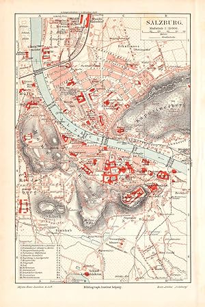Alte historische Stadtkarte Salzburg Stadtplan Lithographie 1907