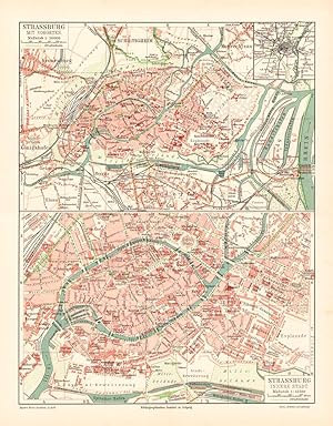Alte historische Stadtkarte Strassburg Stadtplan Lithographie 1908
