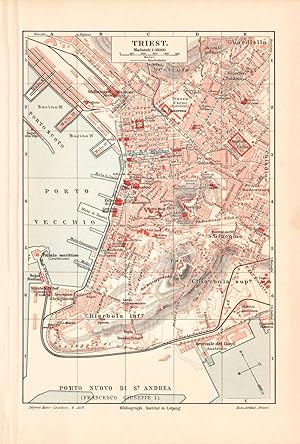 Alte historische Stadtkarte Triest Stadtplan Lithographie 1908