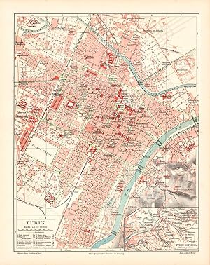 Alte historische Stadtkarte Turin Stadtplan Lithographie 1908