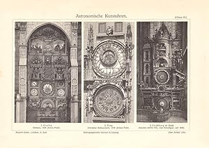 Alter historischer Druck Astronomische Kunstuhren Holzstich 1908