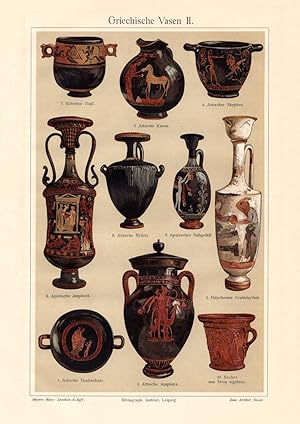 Alter historischer Druck Griechische Vasen I. - II. Chromolithographie 1908