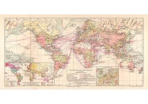 Alte historische Landkarte Weltwirtschaft & Welthandel Karte Lithographie 1908