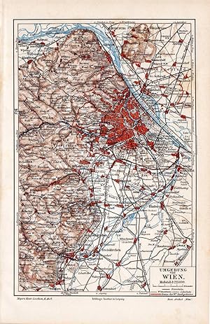 Alte historische Stadtkarte Wien Umgebung Stadtplan Lithographie 1908