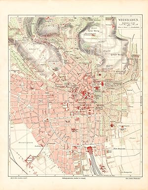 Alte historische Stadtkarte Wiesbaden Stadtplan Lithographie 1908