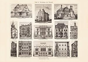 Alter historischer Druck Wohnhäuser Tafel II. Neuzeit Holzstich 1908