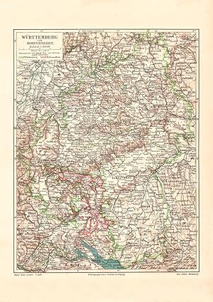 Alte historische Landkarte Württemberg & Hohenzollern Karte Lithographie 1908