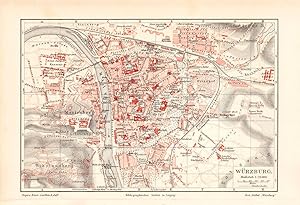 Alte historische Stadtkarte Würzburg Stadtplan Lithographie 1908