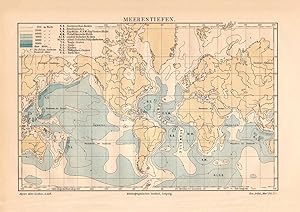 Alte historische Landkarte Meerestiefen Welt Karte Lithographie 1909
