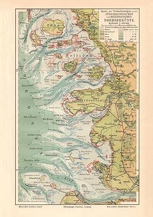 Alte historische Landkarte Nordseeküste Südschleswig Holstein Küsten Litho 1909
