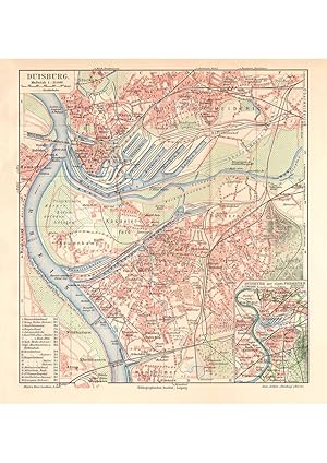 Alte historische Stadtkarte Duisburg Stadtplan Lithographie 1910