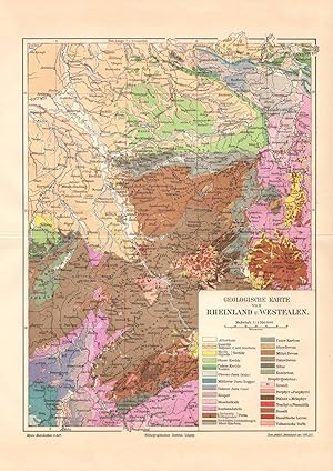 Alte historische Landkarte Rheinland Westfalen Geologie Karte Lithographie 1910