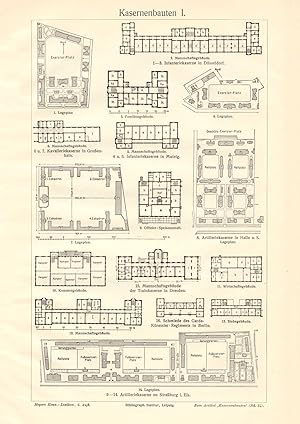 Alter historischer Druck Kasernenbauten I. - II. Holzstich 1913