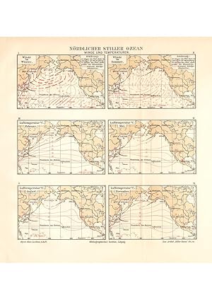 Alte historische Landkarte Stiller Ozean Winde Temperaturen Karte Litho 1913