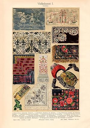 Alter historischer Druck Volkskunst I. Textilien Chromolithographie 1913