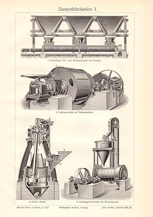 Alter historischer Druck Zementfabrikation I. - II. Holzstich 1913