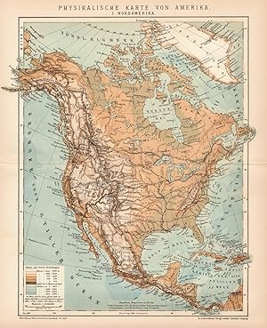 Alte historische Landkarte Physikalische Karte von Nordamerika Lithographie 1892
