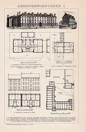 Alter historischer Druck Arbeiterwohnungen I. Holzstich 1892