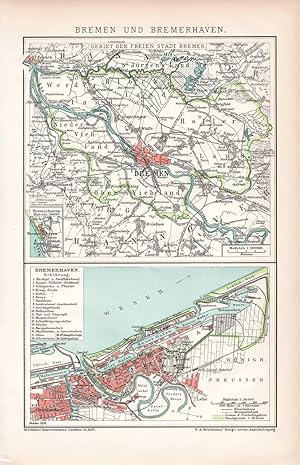 Alte historische Landkarte Bremen und Bremerhaven Karte Lithographie 1892