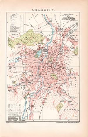 Alte historische Landkarte Chemnitz Stadtplan Lithographie 1892