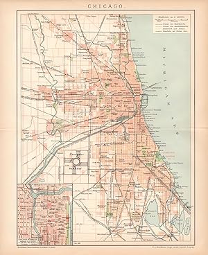 Alte historische Landkarte Chicago Stadtplan Lithographie 1892