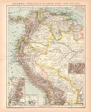 Anitke Landkarte Kolumbien Venezuela Ecuador Peru Bolivien Lithographie 1892