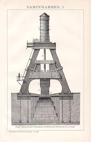 Alter historischer Druck Dampfhammer I. Holzstich 1892