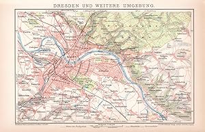 Alte historische Landkarte Dresden Umgebung Karte Lithographie 1892
