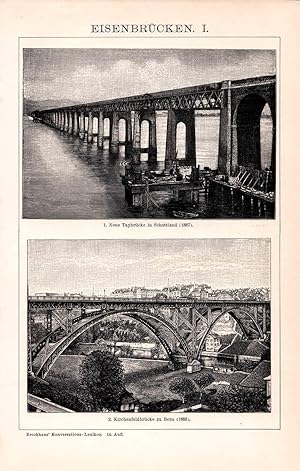 Alter historischer Druck Eisenbrücken I. Holzstich 1892