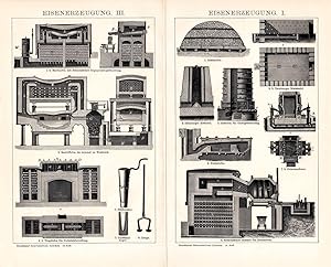 Alter historischer Druck Eisenerzeugung I. + III. Holzstich 1892