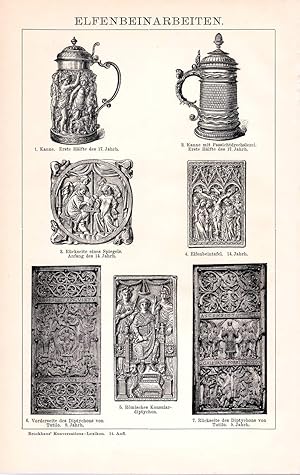 Alter historischer Druck Elfenbeinarbeiten Holzstich 1892